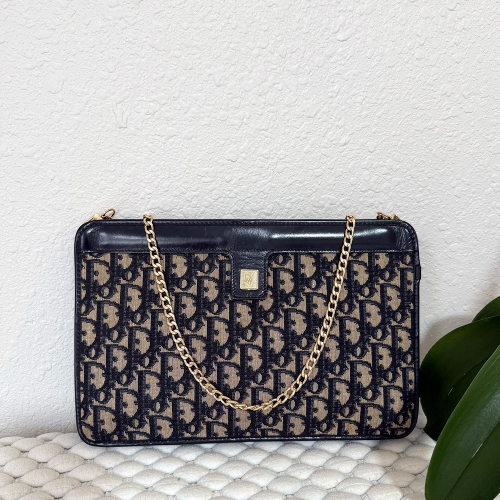 CHRISTIAN DIOR Crossbody Bag Clutch Trotter Canvas Navy Blue - Picture 1 of 12